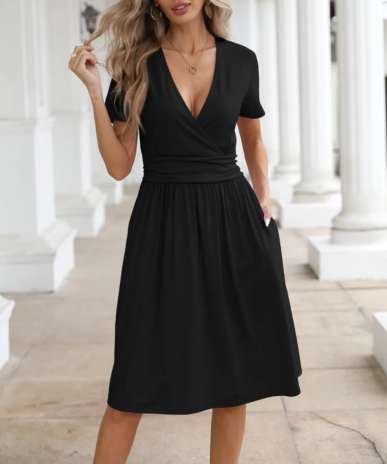NILOUFO Women's Summer Casual Dress Short Sleeve Wrap V Neck Midi Dresses with Pockets