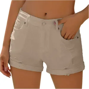 niuwa Summer Denim Shorts for Women Ripped Denim Shorts High Waisted Rolled Hem Short Jeans (Khaki, XL)