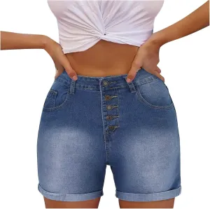 niuwa Women's Denim Shorts Rolled Hem Short Jeans Summer High Waisted Ripped Jeans with Pockets (Blue, XL)