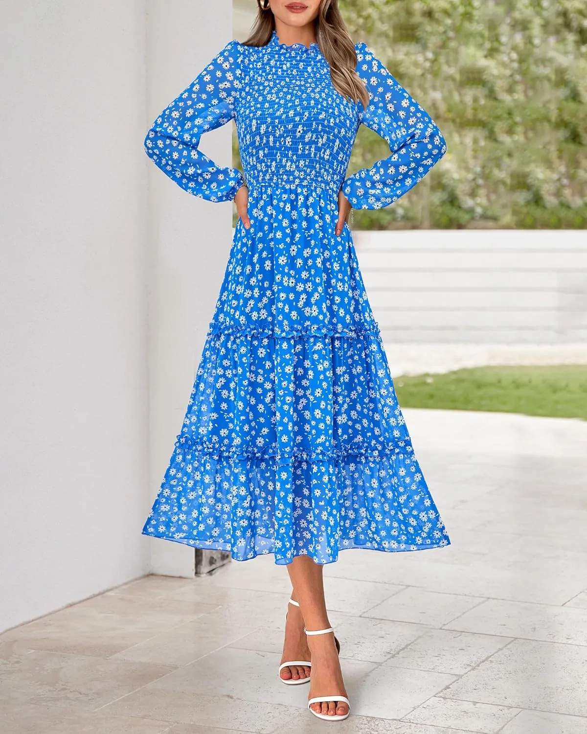 NOLLSOM Women 2025 Spring Dress Floral Boho Dress Casual Long Sleeve Crew Neck Ruffle A-Line Flowy Wedding Guest Maxi Dresses