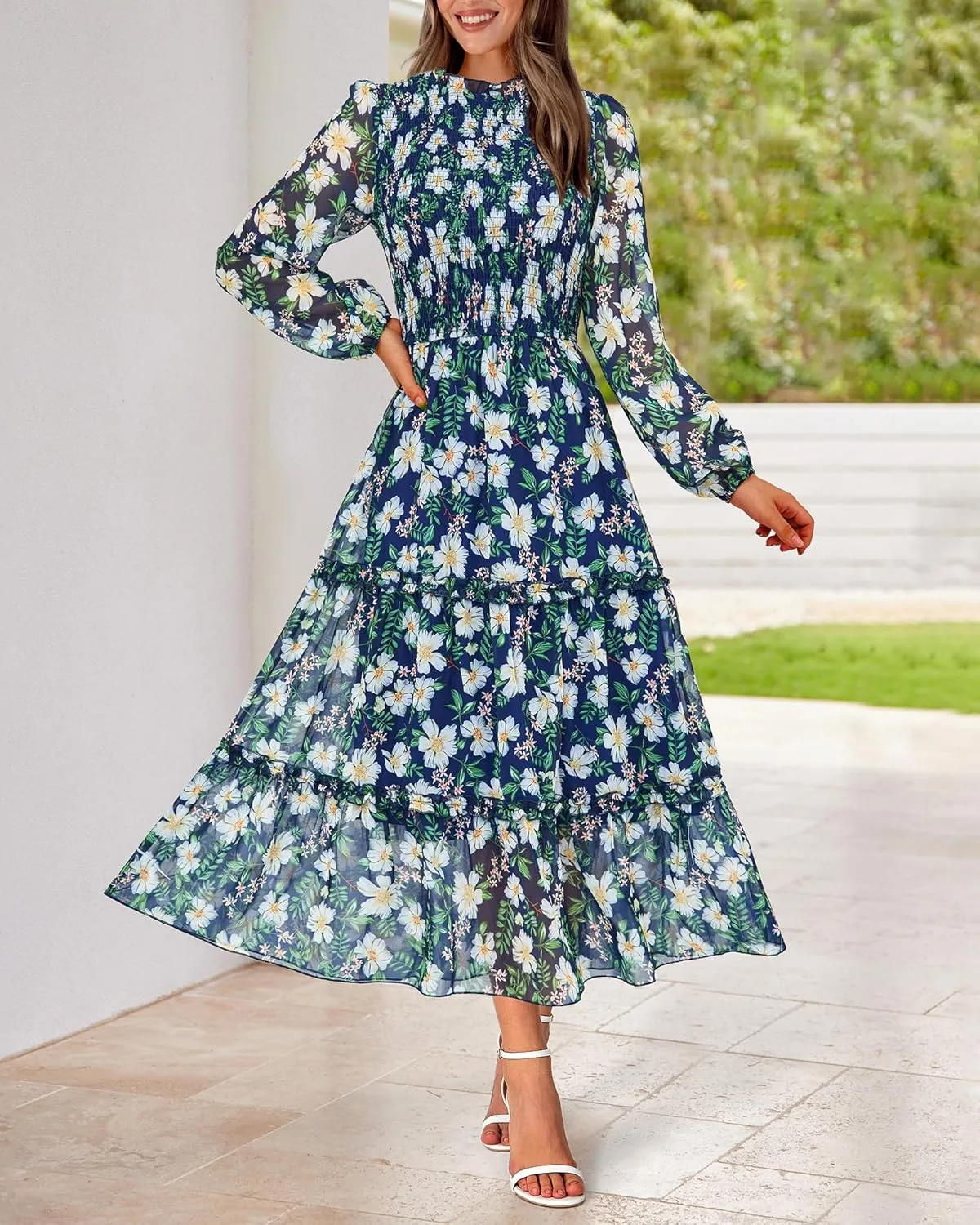 NOLLSOM Women 2025 Spring Dress Floral Boho Dress Casual Long Sleeve Crew Neck Ruffle A-Line Flowy Wedding Guest Maxi Dresses