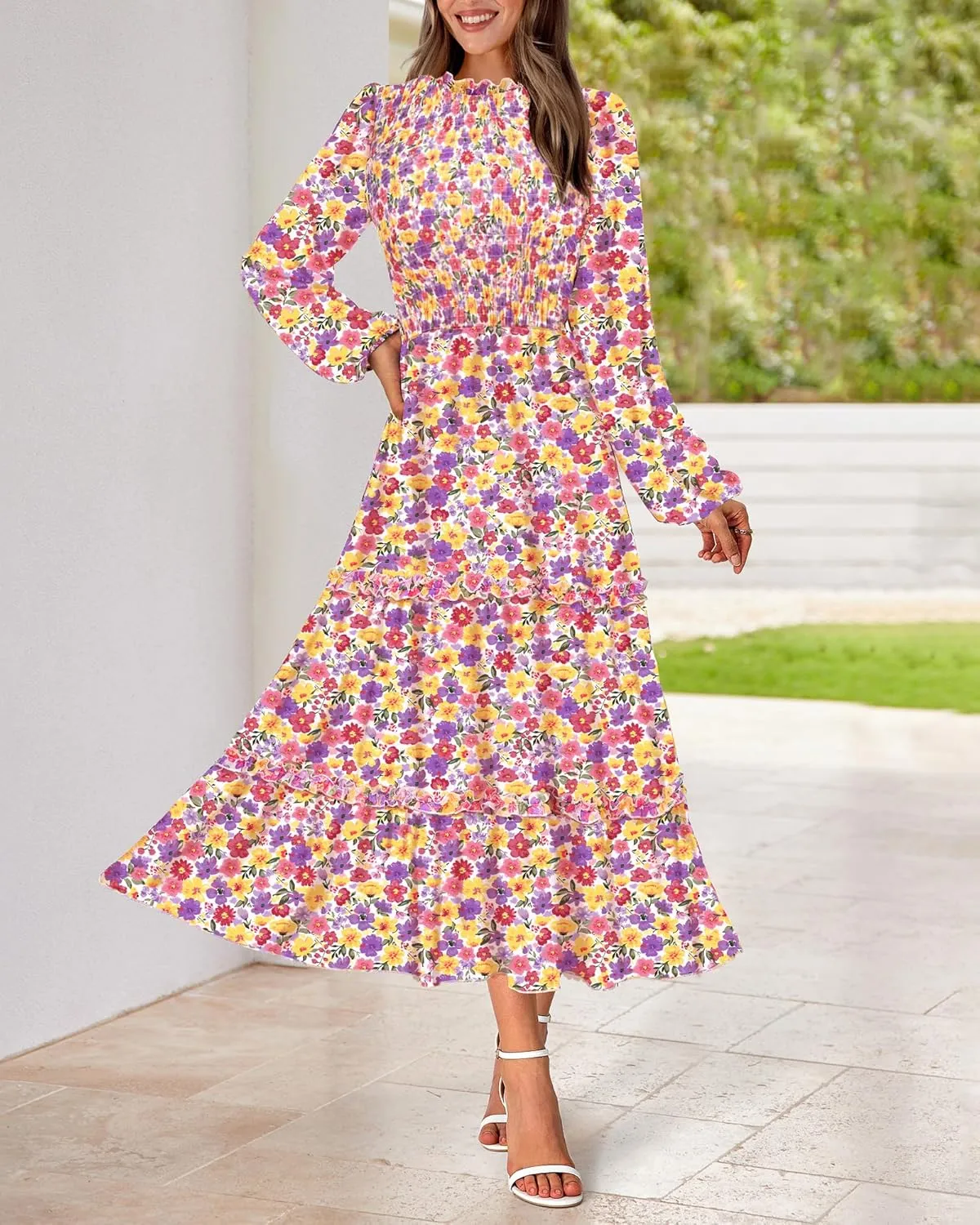 NOLLSOM Women 2025 Spring Dress Floral Boho Dress Casual Long Sleeve Crew Neck Ruffle A-Line Flowy Wedding Guest Maxi Dresses