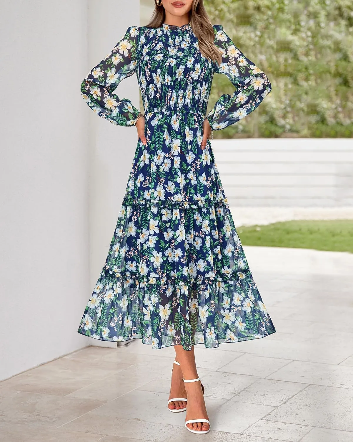 NOLLSOM Women 2025 Spring Dress Floral Boho Dress Casual Long Sleeve Crew Neck Ruffle A-Line Flowy Wedding Guest Maxi Dresses