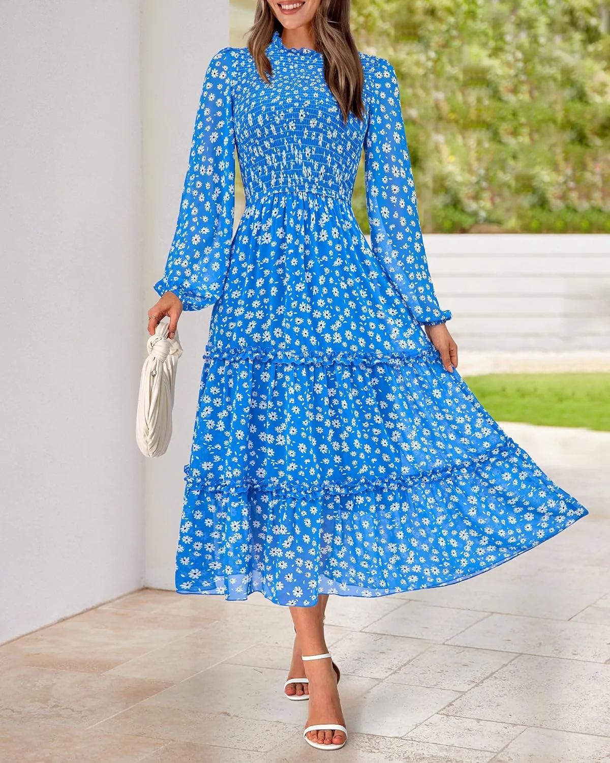 NOLLSOM Women 2025 Spring Dress Floral Boho Dress Casual Long Sleeve Crew Neck Ruffle A-Line Flowy Wedding Guest Maxi Dresses