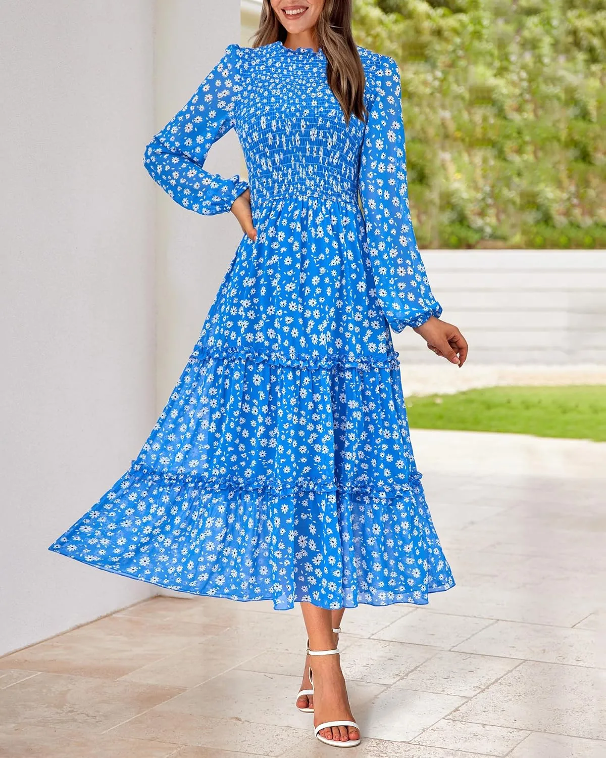 NOLLSOM Women 2025 Spring Dress Floral Boho Dress Casual Long Sleeve Crew Neck Ruffle A-Line Flowy Wedding Guest Maxi Dresses