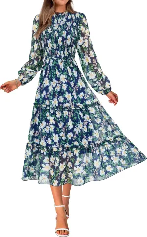 NOLLSOM Women 2025 Spring Dress Floral Boho Dress Casual Long Sleeve Crew Neck Ruffle A-Line Flowy Wedding Guest Maxi Dresses
