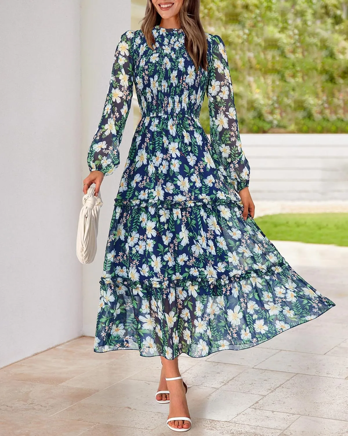NOLLSOM Women 2025 Spring Dress Floral Boho Dress Casual Long Sleeve Crew Neck Ruffle A-Line Flowy Wedding Guest Maxi Dresses