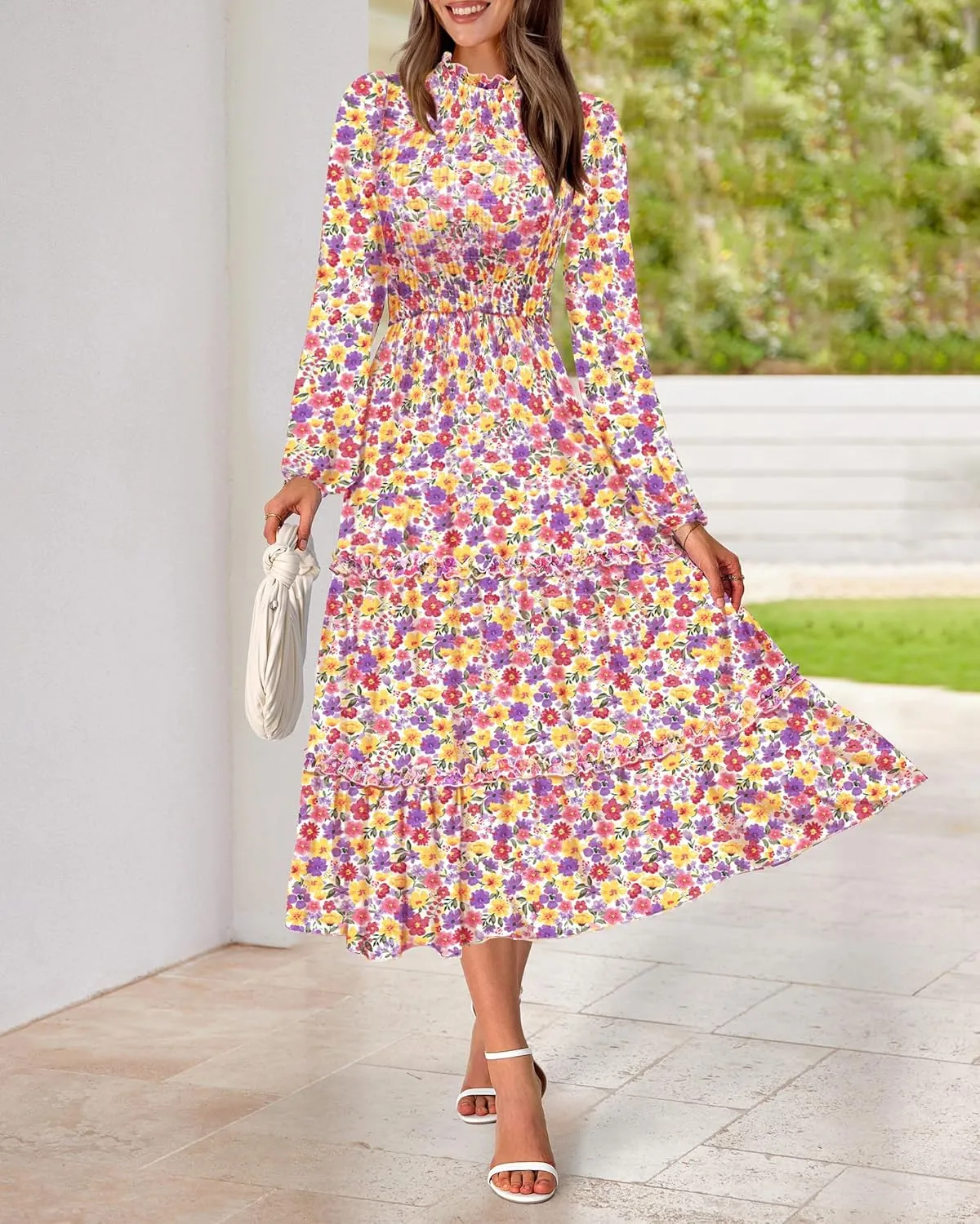 NOLLSOM Women 2025 Spring Dress Floral Boho Dress Casual Long Sleeve Crew Neck Ruffle A-Line Flowy Wedding Guest Maxi Dresses