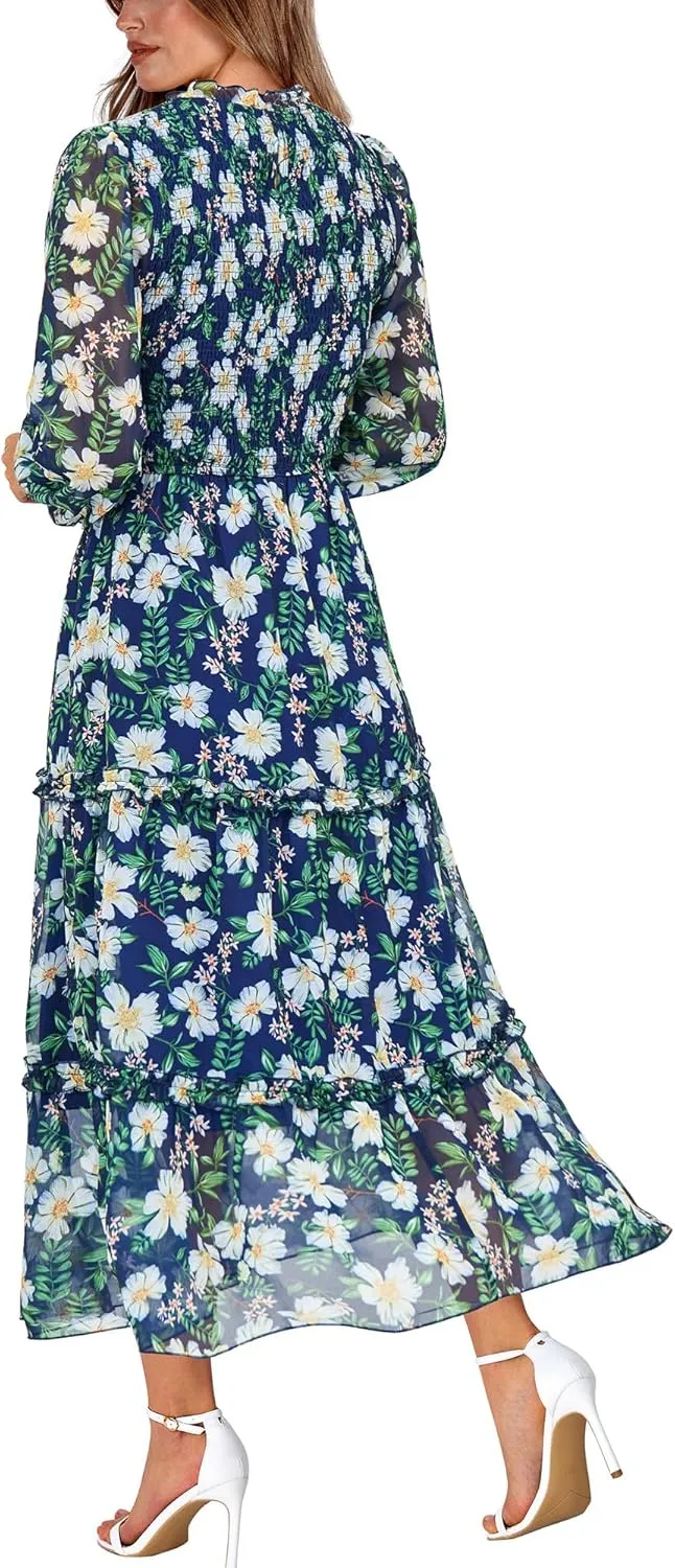 NOLLSOM Women 2025 Spring Dress Floral Boho Dress Casual Long Sleeve Crew Neck Ruffle A-Line Flowy Wedding Guest Maxi Dresses