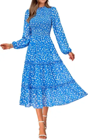 NOLLSOM Women 2025 Spring Dress Floral Boho Dress Casual Long Sleeve Crew Neck Ruffle A-Line Flowy Wedding Guest Maxi Dresses