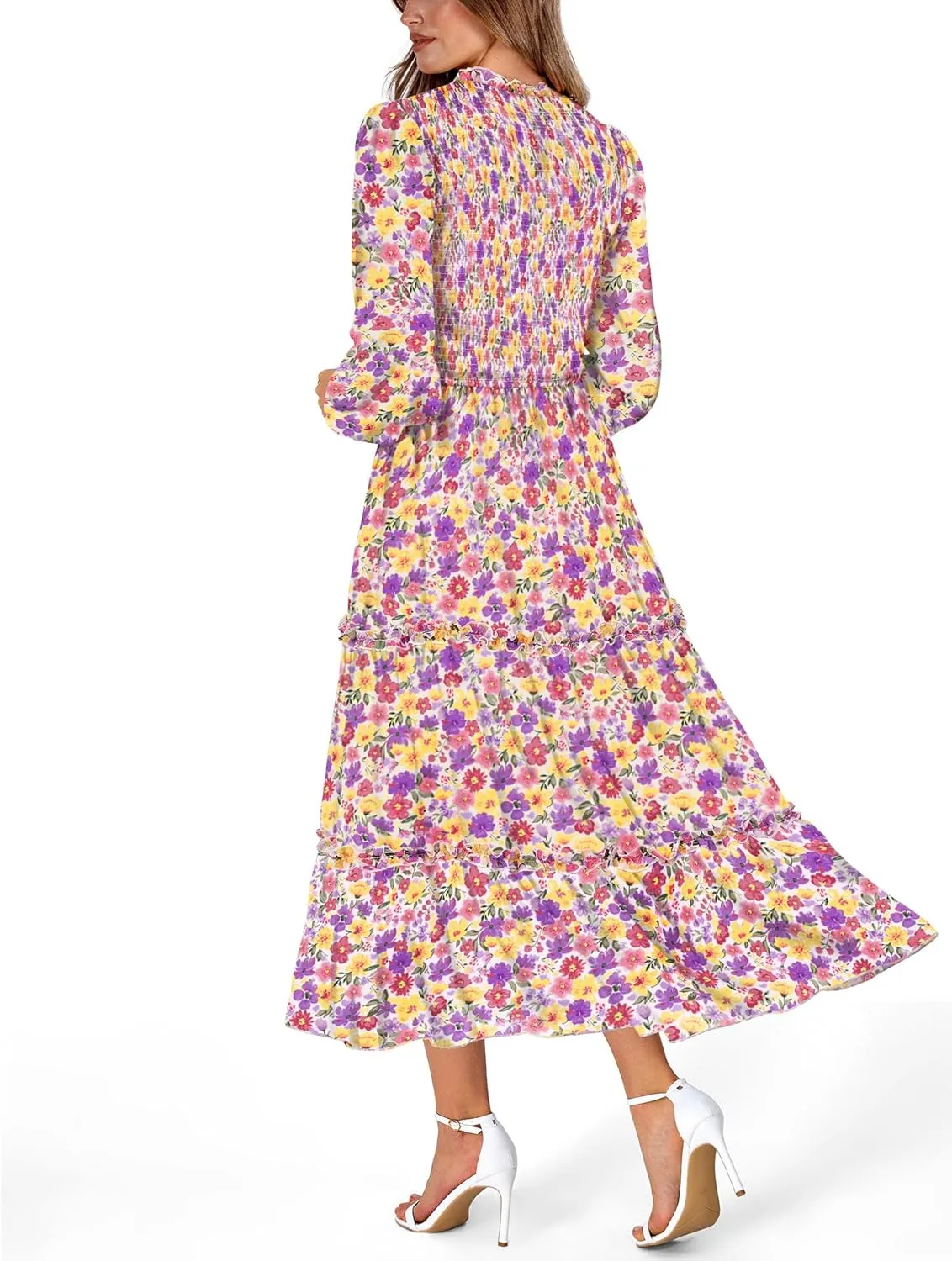 NOLLSOM Women 2025 Spring Dress Floral Boho Dress Casual Long Sleeve Crew Neck Ruffle A-Line Flowy Wedding Guest Maxi Dresses
