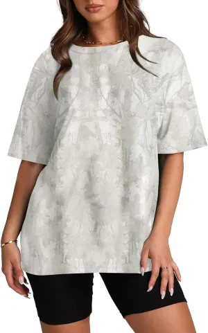 Oversized Camo T Shirts for Women Maple Leaf Print Shirt Crew Neck Trendy Blouses Loose Casual Tee Tops for Beach