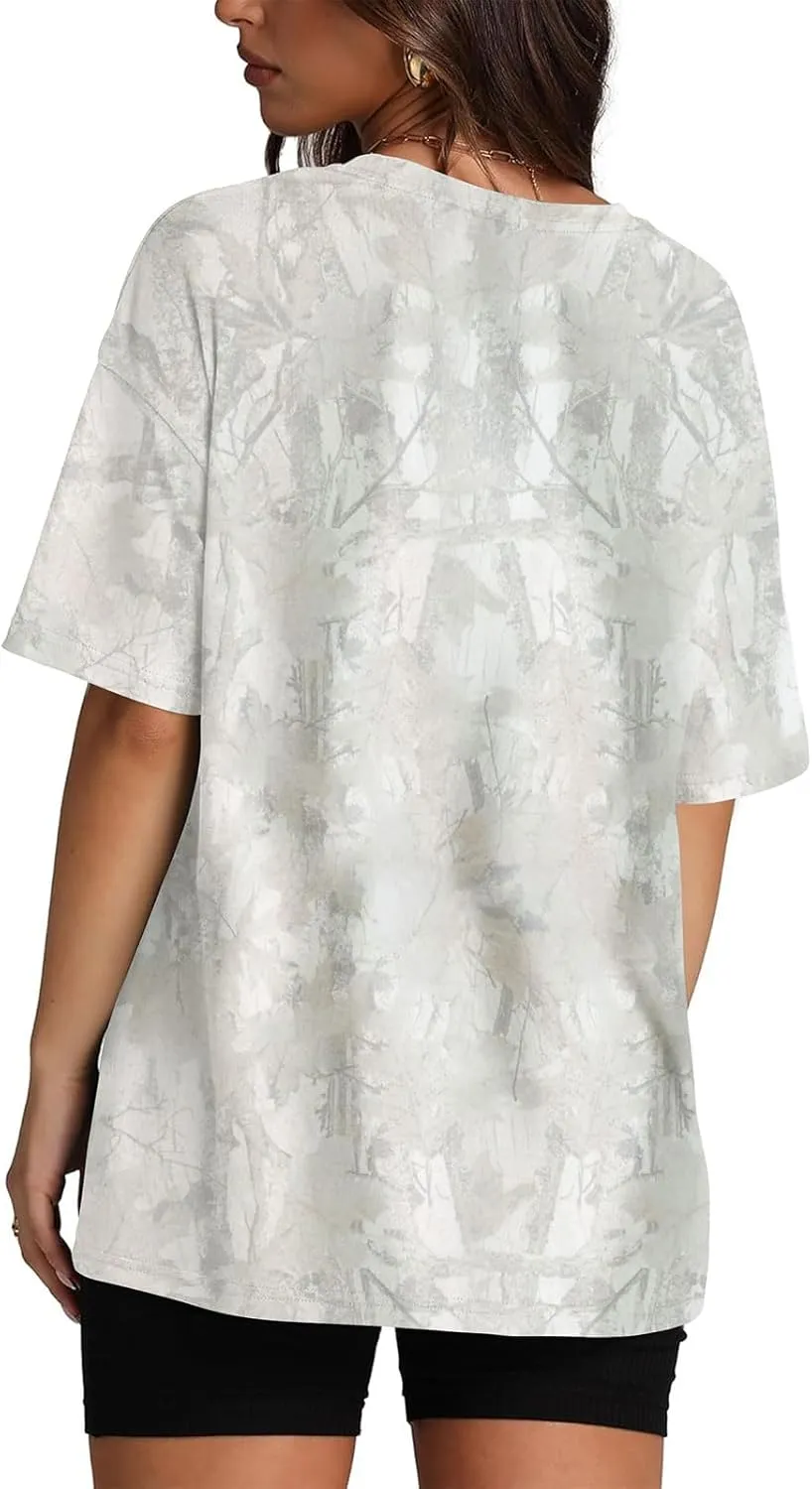 Oversized Camo T Shirts for Women Maple Leaf Print Shirt Crew Neck Trendy Blouses Loose Casual Tee Tops for Beach