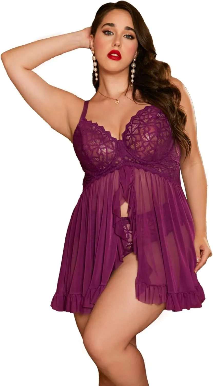OYOANGLE Women's Plus Size 2 Piece Lace Sheer Open Front Underwire Chemise Nightdress with Panty Lingerie Set