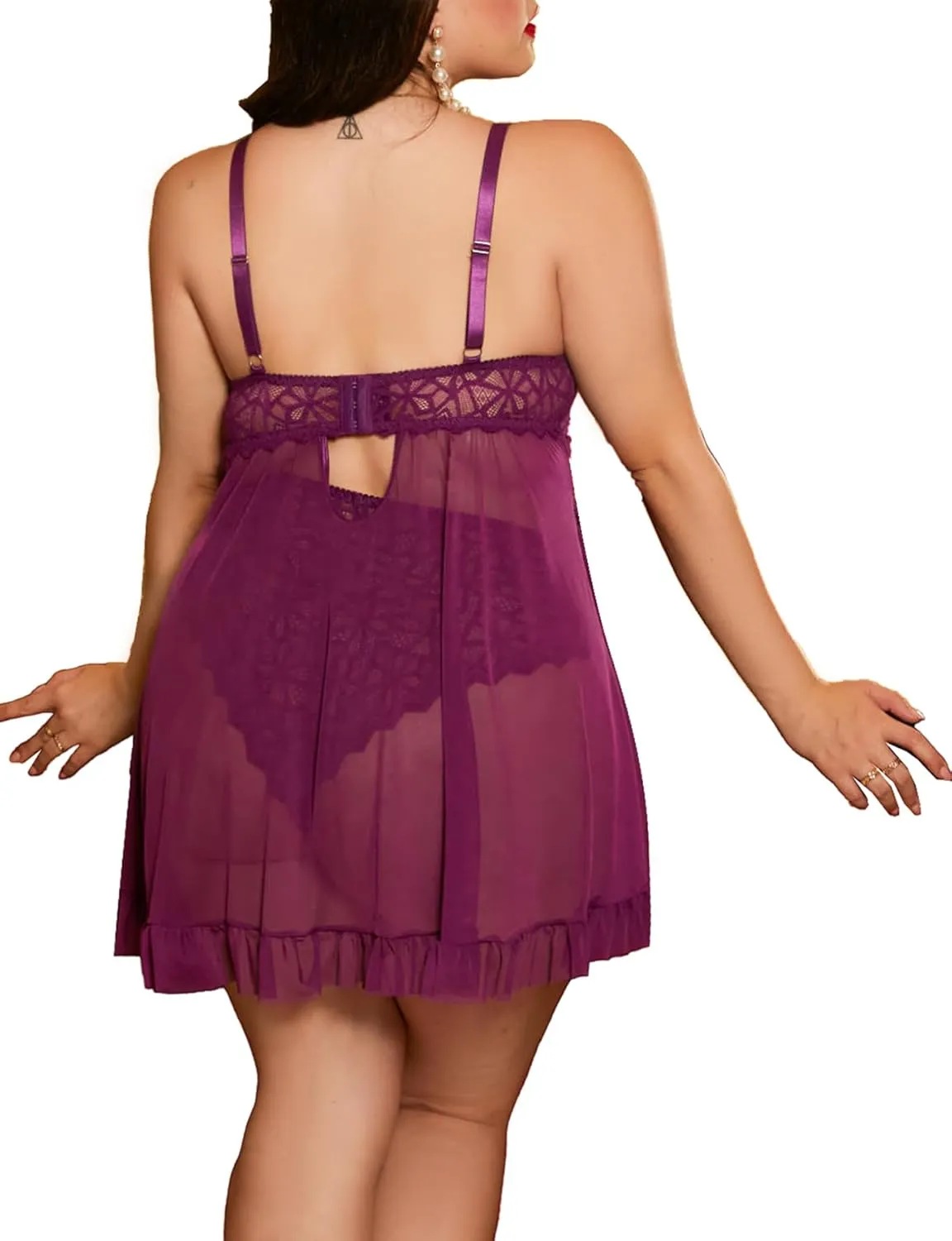 OYOANGLE Women's Plus Size 2 Piece Lace Sheer Open Front Underwire Chemise Nightdress with Panty Lingerie Set