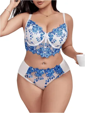 OYOANGLE Women's Plus Size 2 Piece Lingerie Set Floral Embroidered Mesh Lingerie Set Panty Bra
