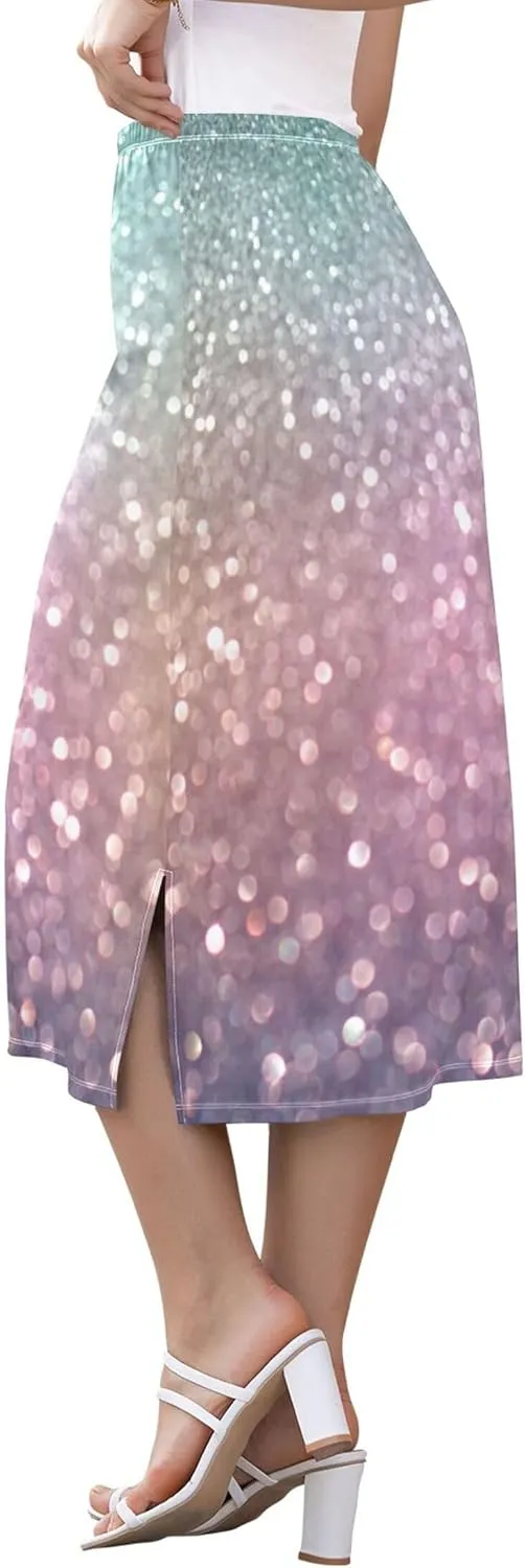 Pastel Glitter Side Slit Midi Skirts Women Cute Straight Fit Skirts Stretchy High Waist Boho Skirts S