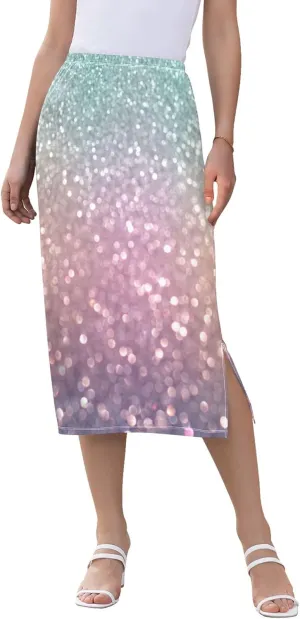 Pastel Glitter Side Slit Midi Skirts Women Cute Straight Fit Skirts Stretchy High Waist Boho Skirts S