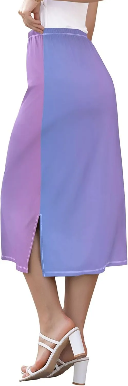 Pastel Glitter Side Slit Midi Skirts Women Cute Straight Fit Skirts Stretchy High Waist Boho Skirts S