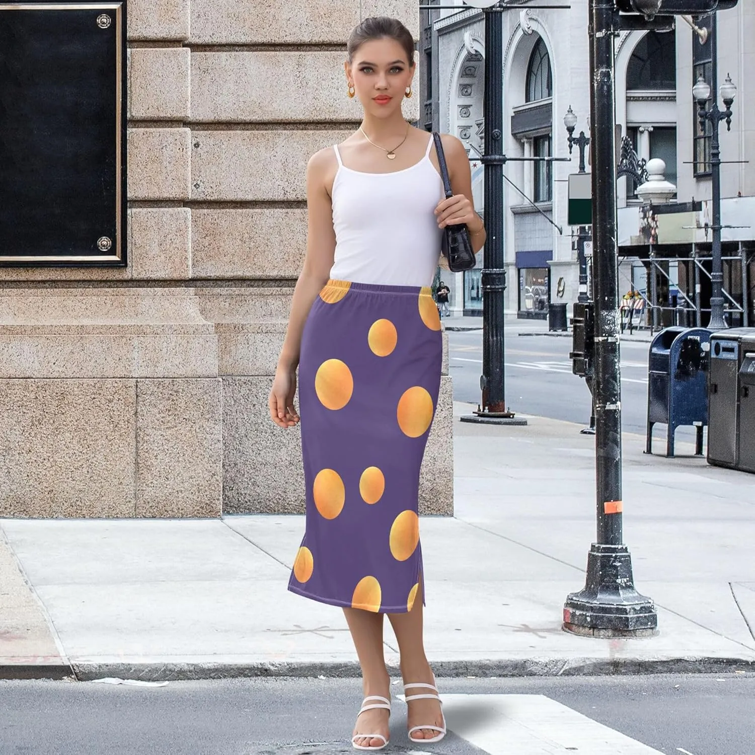 Pastel Glitter Side Slit Midi Skirts Women Cute Straight Fit Skirts Stretchy High Waist Boho Skirts S