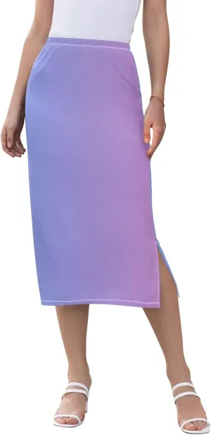 Pastel Glitter Side Slit Midi Skirts Women Cute Straight Fit Skirts Stretchy High Waist Boho Skirts S
