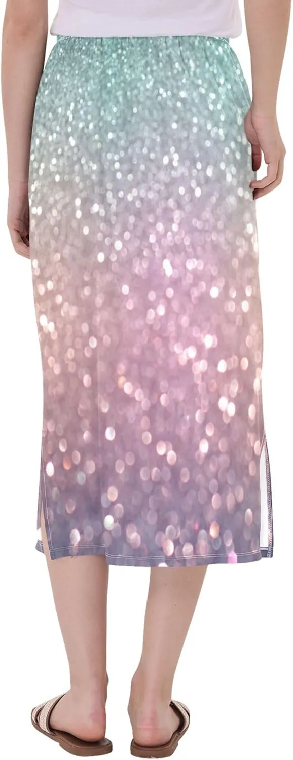 Pastel Glitter Side Slit Midi Skirts Women Cute Straight Fit Skirts Stretchy High Waist Boho Skirts S