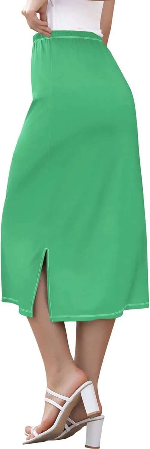 Pastel Glitter Side Slit Midi Skirts Women Cute Straight Fit Skirts Stretchy High Waist Boho Skirts S