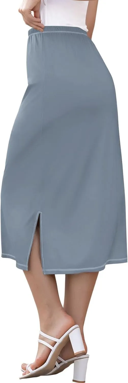 Plum Side Slit Midi Skirts Womens Pencil Straight Skirt High Waist Stretch Beach Skirts