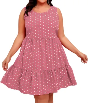 Plus Size Sundresses for Women 2025 Vacation Polka Dot Short Tank Dress Casual Summer Tiered Ruffle Mini Beach Dress