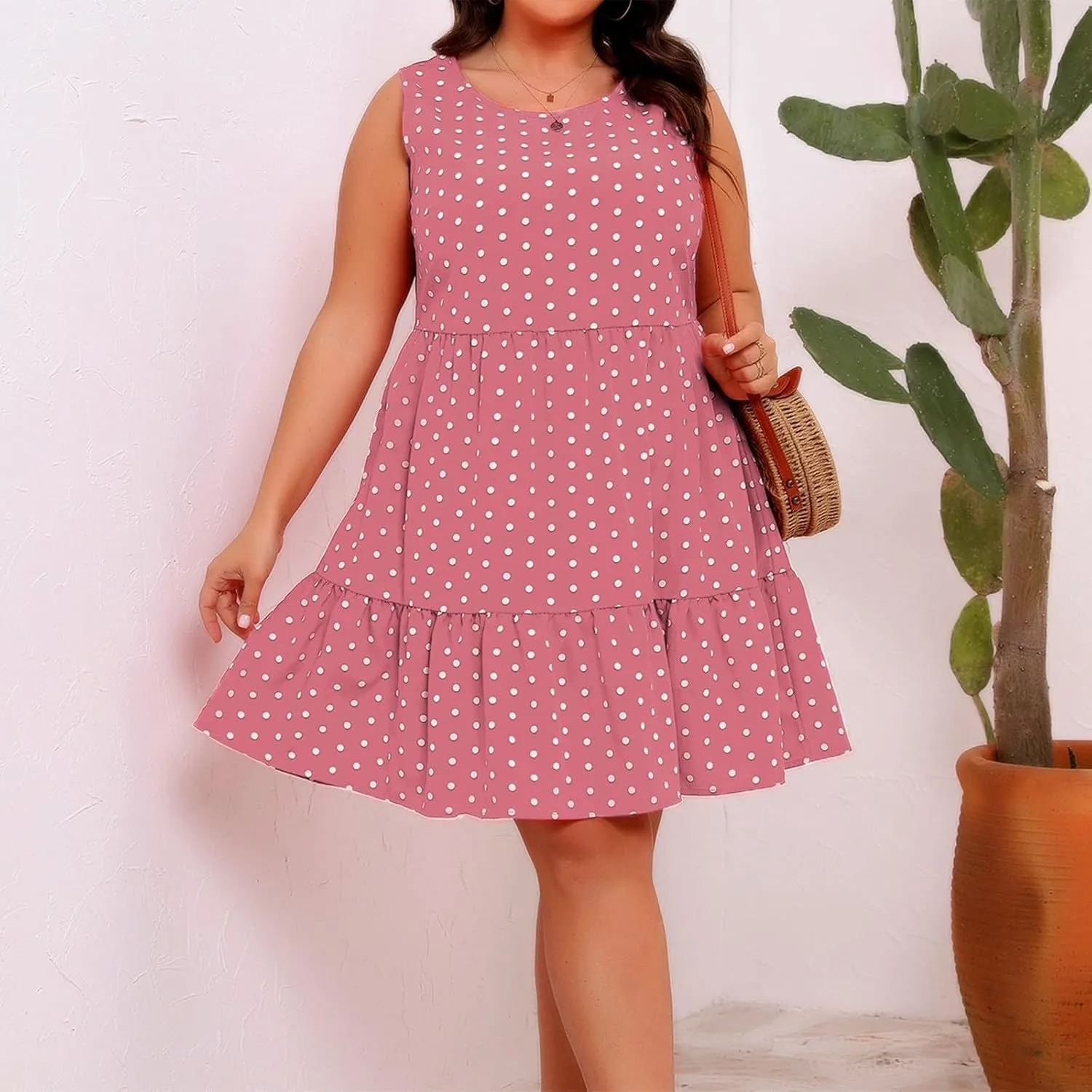 Plus Size Sundresses for Women 2025 Vacation Polka Dot Short Tank Dress Casual Summer Tiered Ruffle Mini Beach Dress
