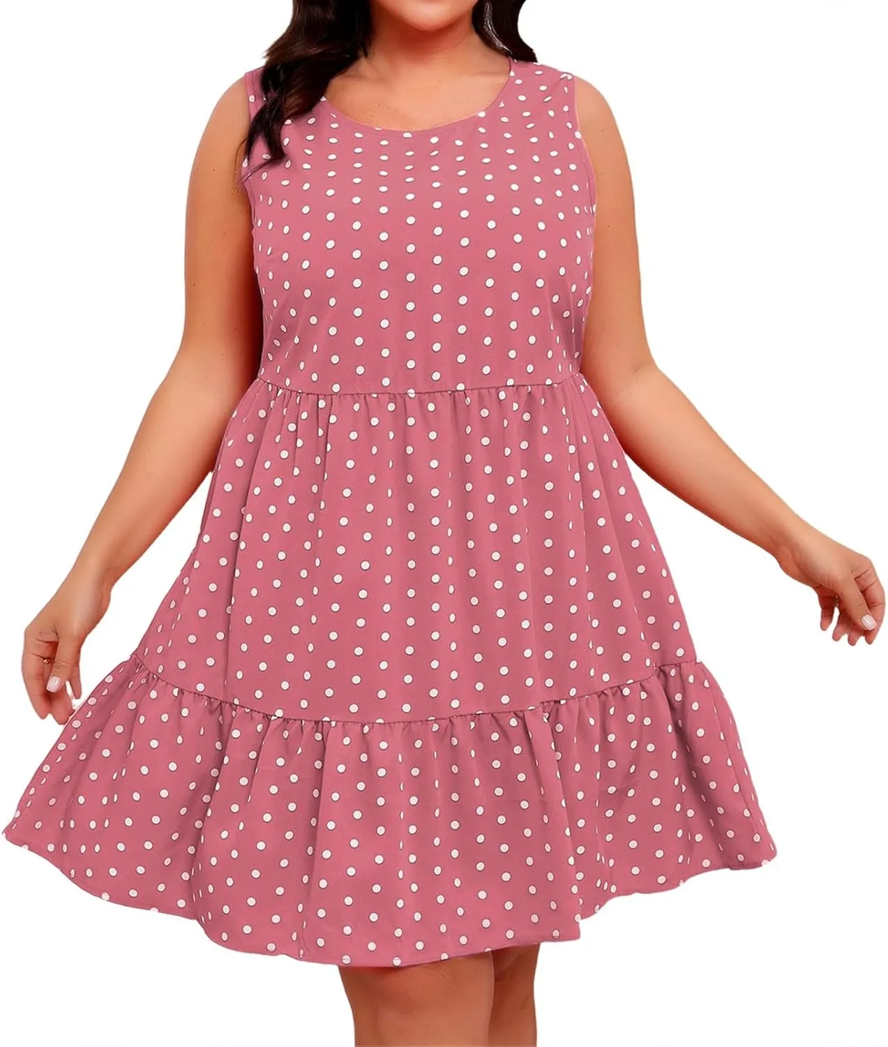 Plus Size Sundresses for Women 2025 Vacation Polka Dot Short Tank Dress Casual Summer Tiered Ruffle Mini Beach Dress