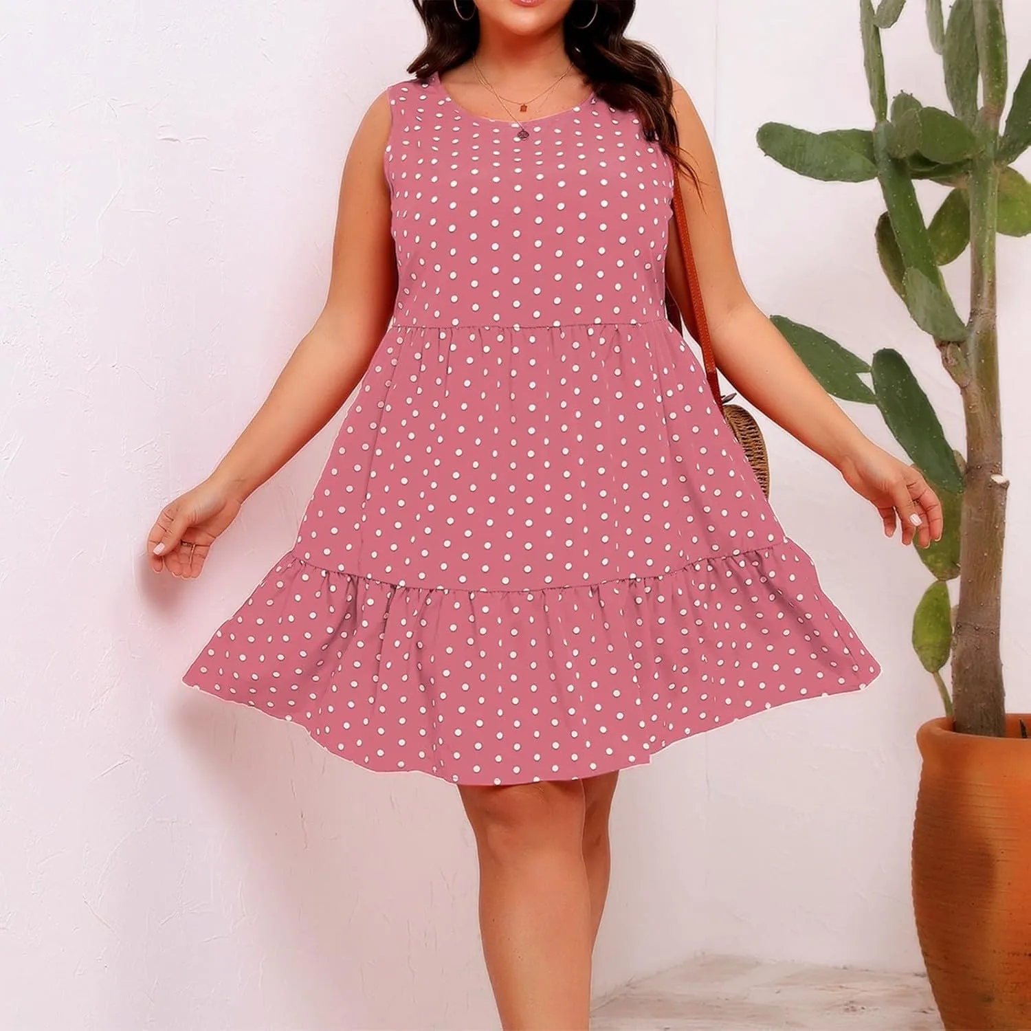 Plus Size Sundresses for Women 2025 Vacation Polka Dot Short Tank Dress Casual Summer Tiered Ruffle Mini Beach Dress