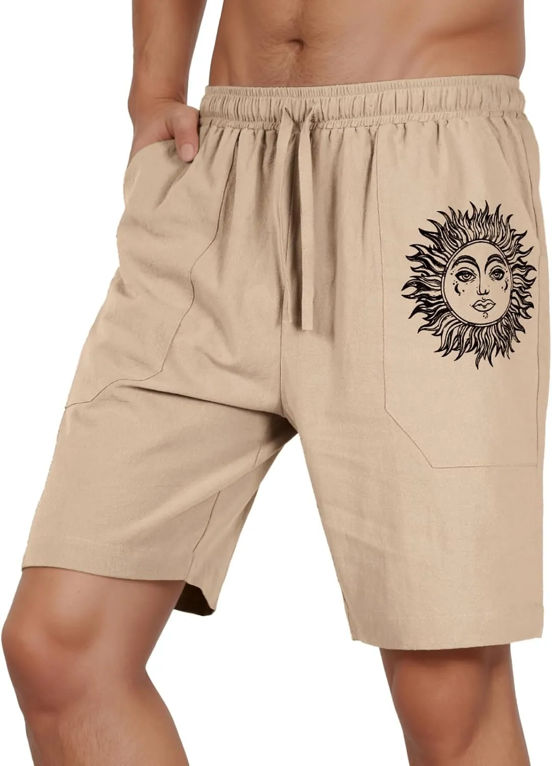 Puimentiua Mens Linen Shorts Lightweight Elastic Waist Summer Beach Shorts