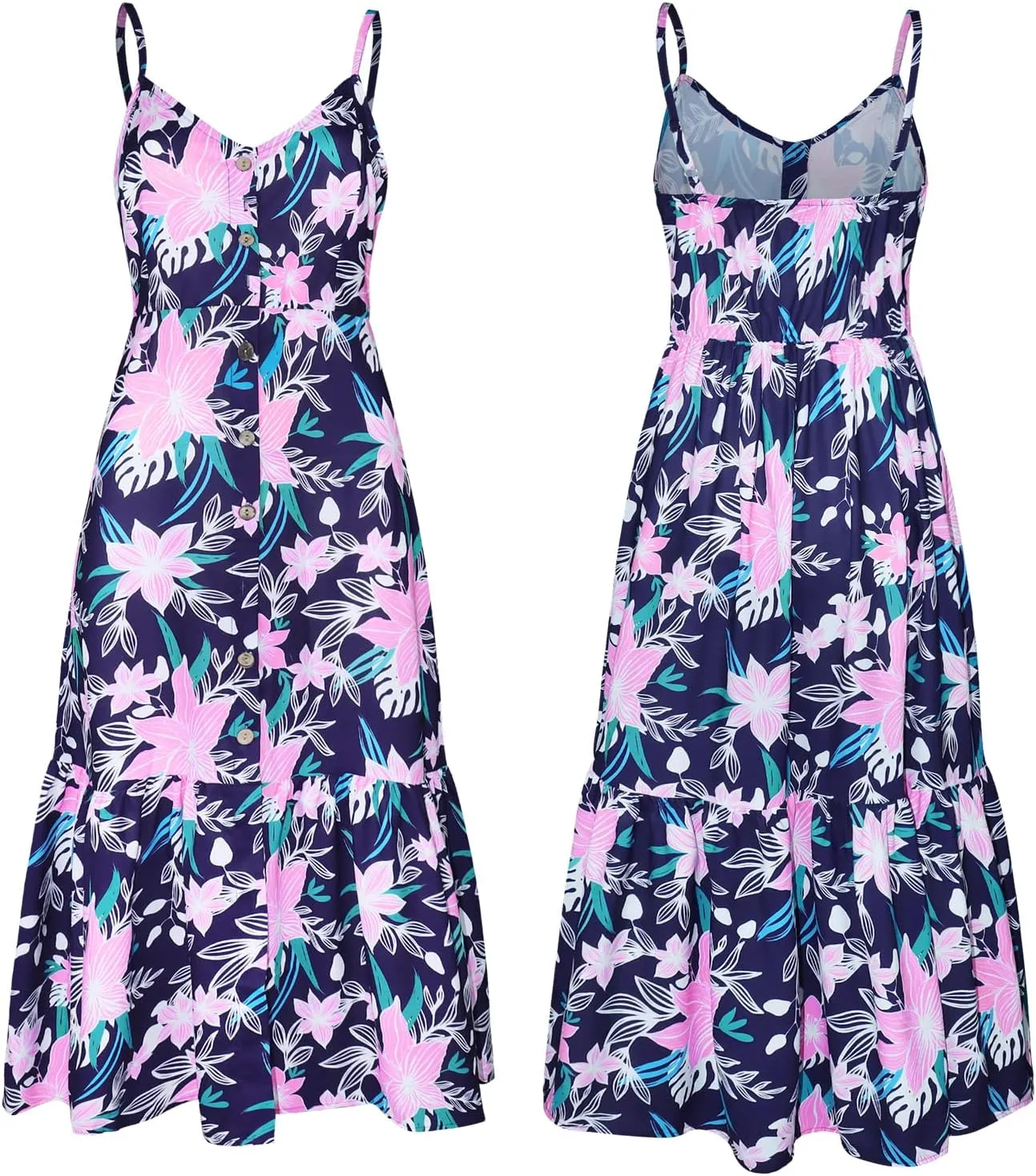 ROYLAMP Women's 2024 Summer Floral Dress Spaghetti Strap Sleeveless Button V-Neck Split Ruffle Hem Boho Beach Midi Dresses