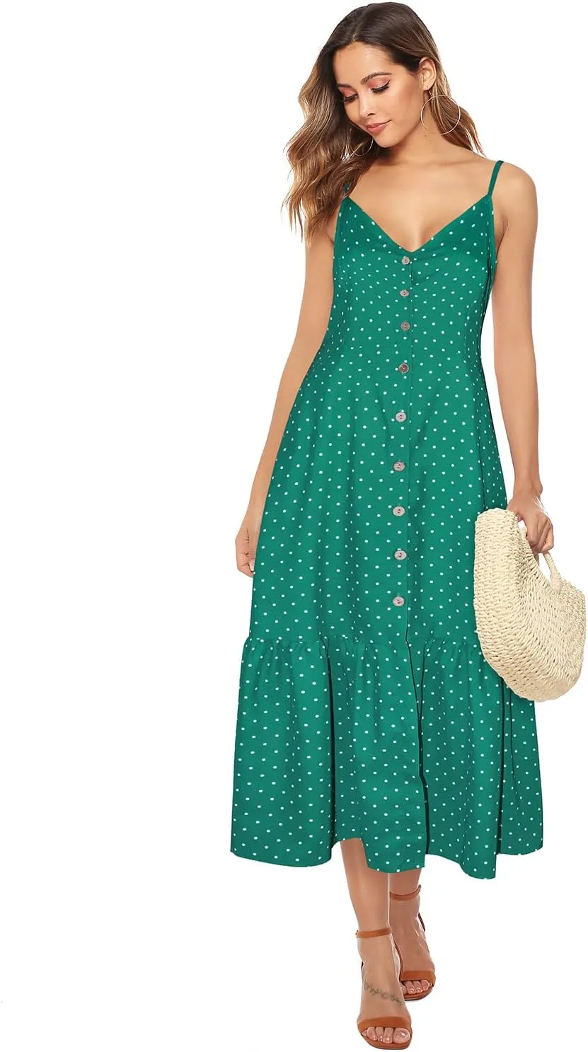 ROYLAMP Women's 2024 Summer Floral Dress Spaghetti Strap Sleeveless Button V-Neck Split Ruffle Hem Boho Beach Midi Dresses