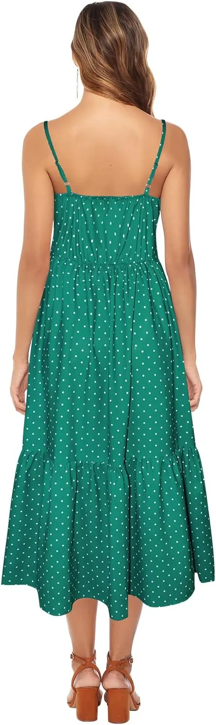 ROYLAMP Women's 2024 Summer Floral Dress Spaghetti Strap Sleeveless Button V-Neck Split Ruffle Hem Boho Beach Midi Dresses