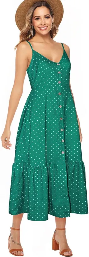ROYLAMP Women's 2024 Summer Floral Dress Spaghetti Strap Sleeveless Button V-Neck Split Ruffle Hem Boho Beach Midi Dresses