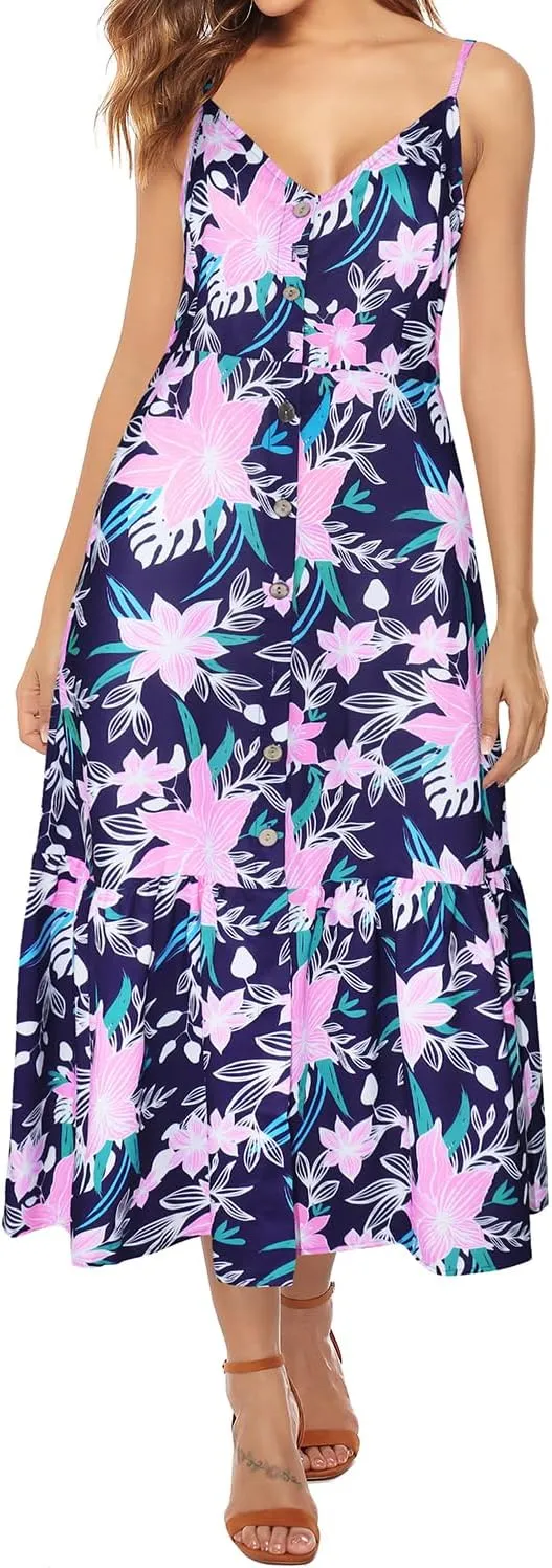 ROYLAMP Women's 2024 Summer Floral Dress Spaghetti Strap Sleeveless Button V-Neck Split Ruffle Hem Boho Beach Midi Dresses