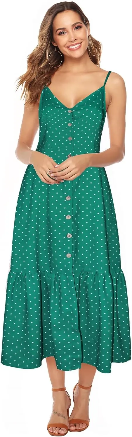 ROYLAMP Women's 2024 Summer Floral Dress Spaghetti Strap Sleeveless Button V-Neck Split Ruffle Hem Boho Beach Midi Dresses