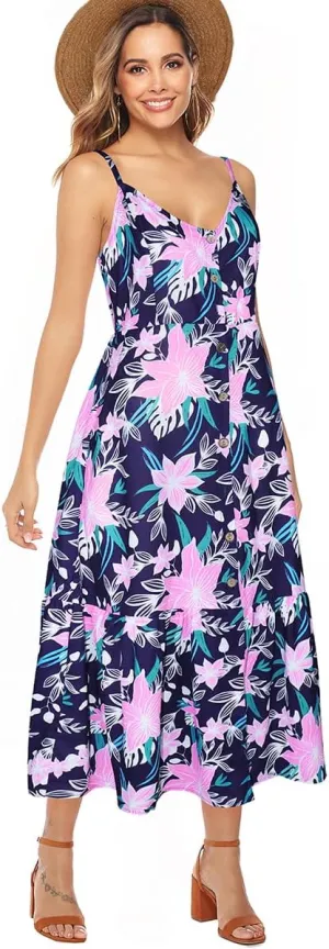 ROYLAMP Women's 2024 Summer Floral Dress Spaghetti Strap Sleeveless Button V-Neck Split Ruffle Hem Boho Beach Midi Dresses