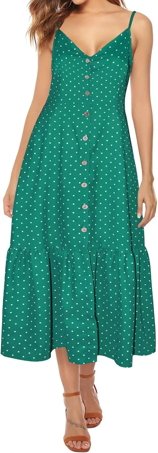 ROYLAMP Women's 2024 Summer Floral Dress Spaghetti Strap Sleeveless Button V-Neck Split Ruffle Hem Boho Beach Midi Dresses