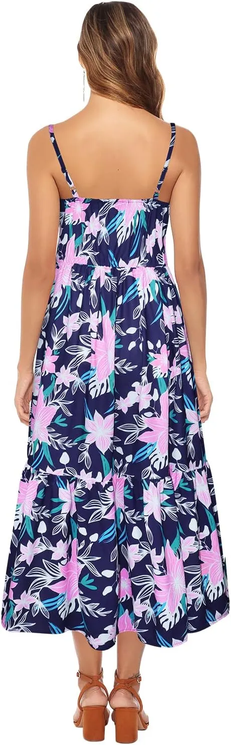 ROYLAMP Women's 2024 Summer Floral Dress Spaghetti Strap Sleeveless Button V-Neck Split Ruffle Hem Boho Beach Midi Dresses