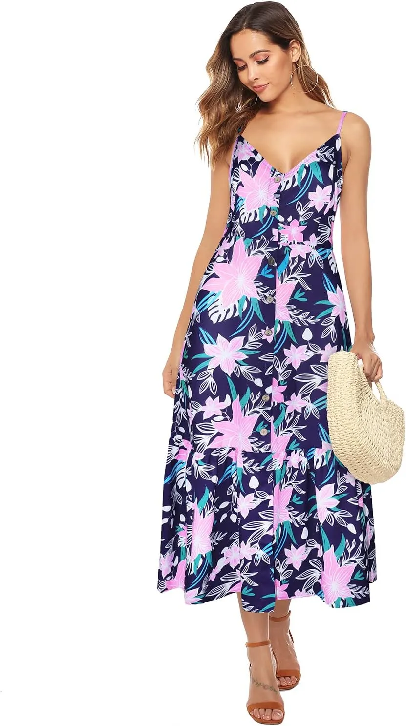 ROYLAMP Women's 2024 Summer Floral Dress Spaghetti Strap Sleeveless Button V-Neck Split Ruffle Hem Boho Beach Midi Dresses