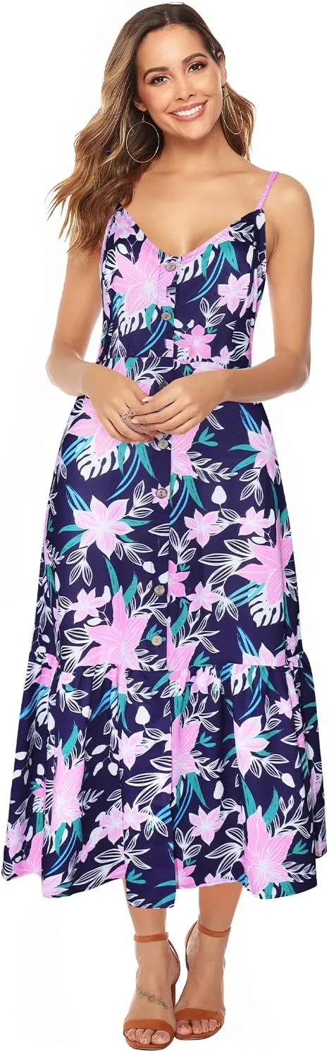 ROYLAMP Women's 2024 Summer Floral Dress Spaghetti Strap Sleeveless Button V-Neck Split Ruffle Hem Boho Beach Midi Dresses