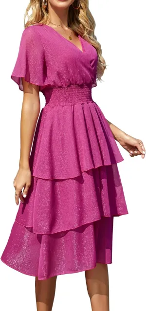 Ruffle Sleeve Wrap V Neck Midi Dresses for Women Causal Summer Smocked Waist Tiered Layered Glitter Chiffon Dress