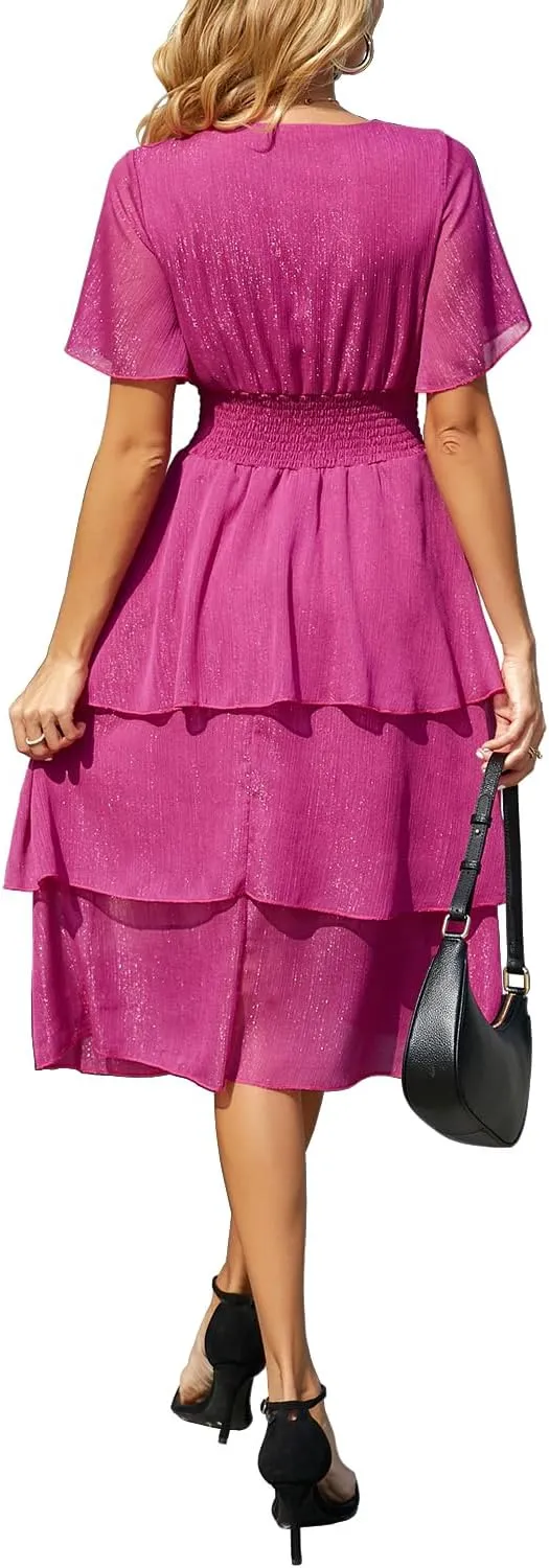 Ruffle Sleeve Wrap V Neck Midi Dresses for Women Causal Summer Smocked Waist Tiered Layered Glitter Chiffon Dress
