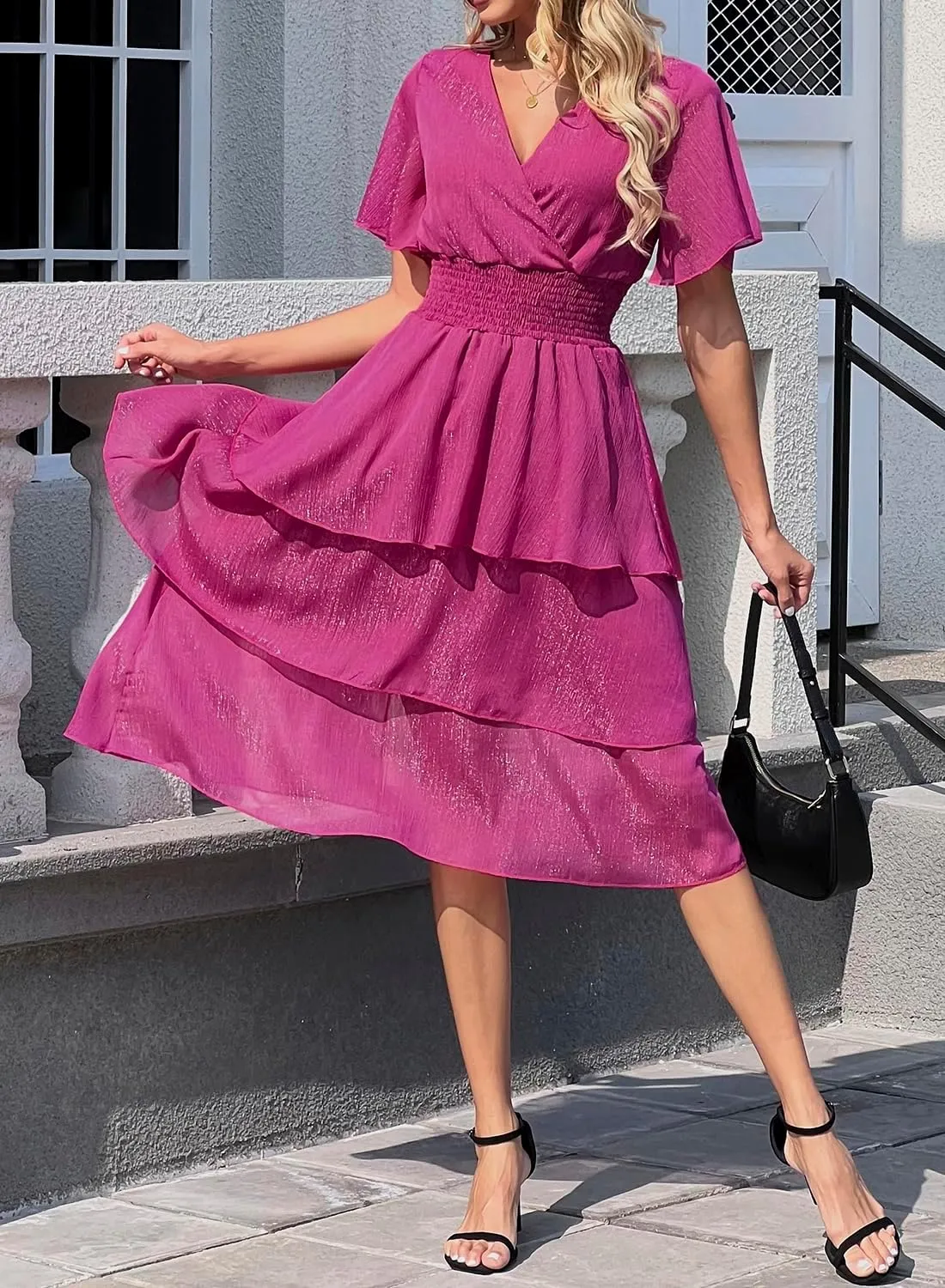 Ruffle Sleeve Wrap V Neck Midi Dresses for Women Causal Summer Smocked Waist Tiered Layered Glitter Chiffon Dress