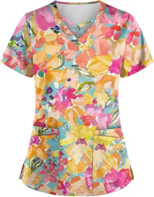 Scrub Tops Women Criss Cross V Neck Print Nurse Uniforms Short Sleeve Dressy Working T-Shirts Relaxed Fit T Shirts