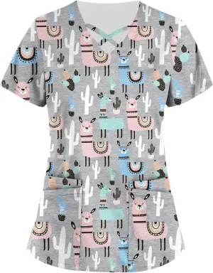 Scrub Tops Women Criss Cross V Neck Print Nurse Uniforms Short Sleeve Dressy Working T-Shirts Relaxed Fit T Shirts