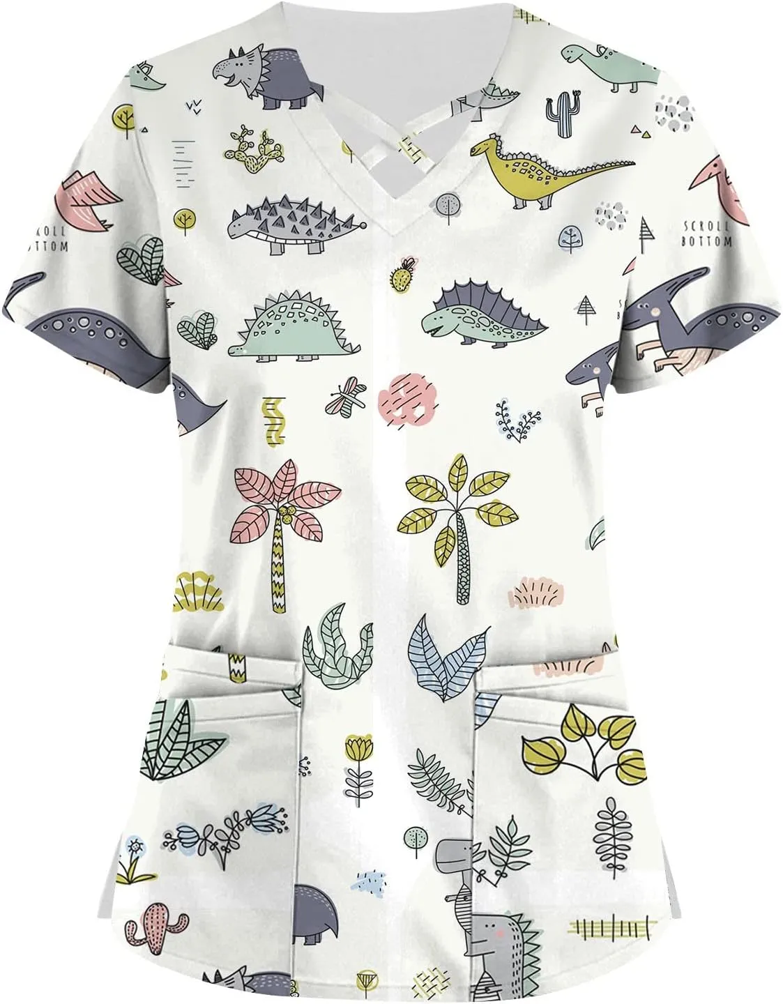 Scrub Tops Women Criss Cross V Neck Print Nurse Uniforms Short Sleeve Dressy Working T-Shirts Relaxed Fit T Shirts